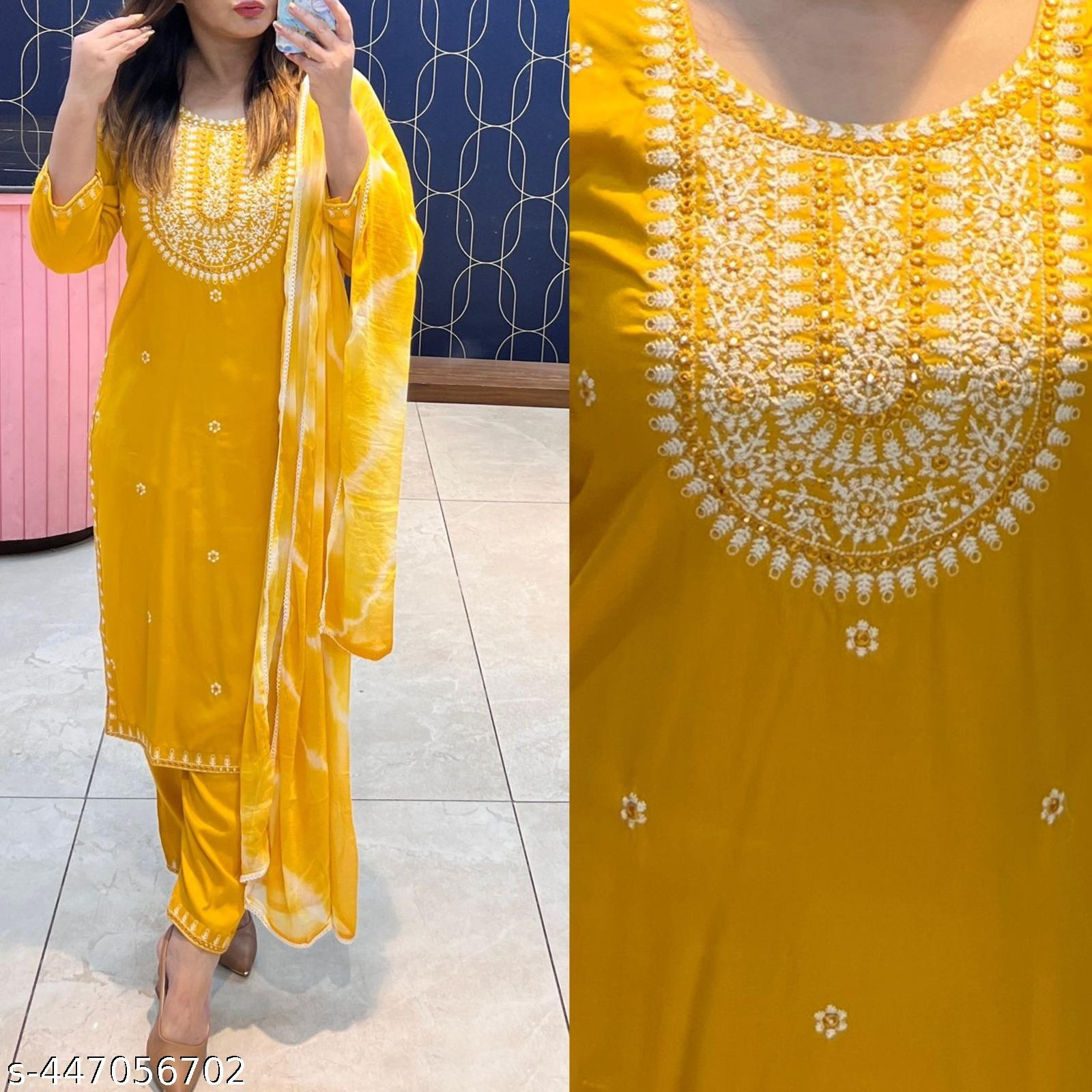 Designer Party & Formal Wear Kurta set Cotton Blend for Women and Girls with Dupatta, Pant (yellow )