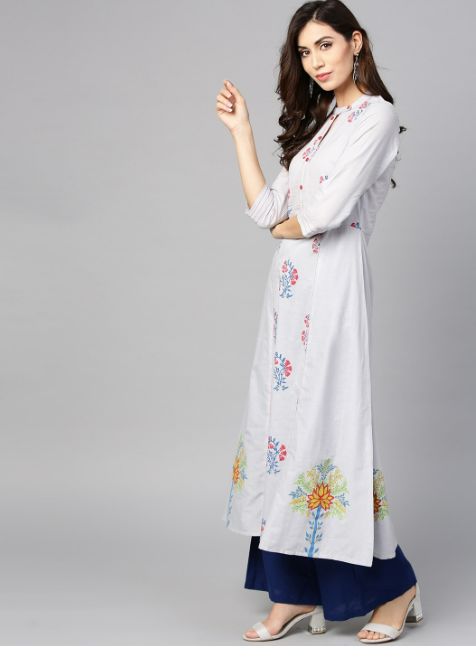 Grey Block Print A-Line Kurta
