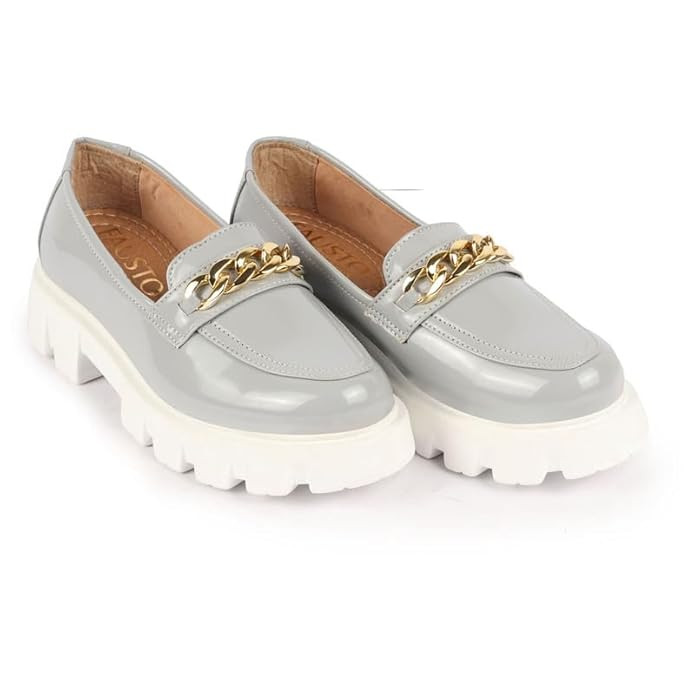 FAUSTO Women's Patent Leather Shiny Chain Buckle Classic Casual Slip On Loafer Shoes