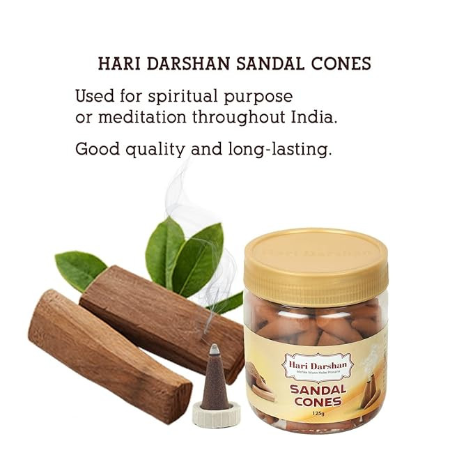 Hari Darshan Sandal Dhoop Cones - Pack of 3-125g Each | Organic Dry Dhoop, Long Lasting Fragrance for Daily Pooja, Meditation and Yoga | Non-Charcoal & Bamboo Less Dhoop Cones