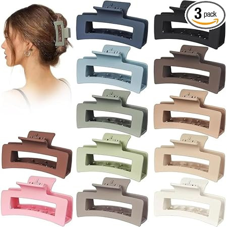 Elina 3 Pcs Large Hair Clutcher Clips Rectangle Claws For Thick Long, Jumbo Non-slip Tight Extra Strong Grip Matte Mix Color Big Medium Size Barrette For Women,Girls Accessories (Multi Colors) - 3 Pcs