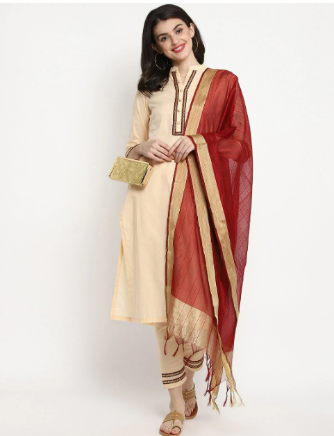 Peach-Coloured Ethnic Motifs Printed Kurta with Trousers & Dupatta