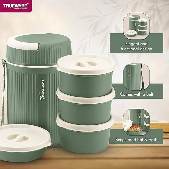Trueware Meal 4 Insulated Hot Lunch Box with 3 PP Container 300 ML Each & 1 200ML | Microwave Safe, Food Grade, BPA Free | Office Lunch Box | Tiffin Box, Plastic, Peach