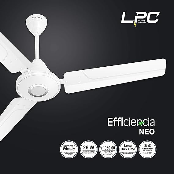 Havells 1200Mm Efficiencia Neo Bldc Motor Ceiling Fan 5 stars With Remote,26W,Upto 65% Energy Saving High Air Delivery,Winner Of National Energy Conservation Award (2021) (Pack Of 1,White)