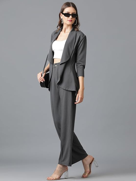 KOTTY Women's Solid Relaxed Fit 3/4 Sleeve Co-ord Blazer and Trouser Set.
