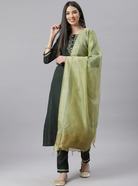 Green printed kurta with palazzos and dupatta Green straight calf length kurta