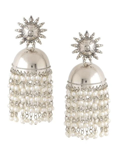 Silver Traditional Earring With White Pearl Jhumka set