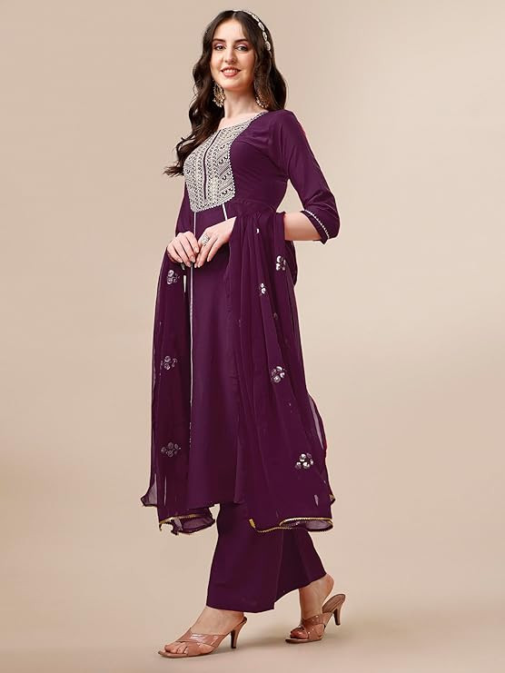 EthnicJunction Women's Silk Embroidered  Thread Work Chinon A-Line Kurta Pant With Dupatta