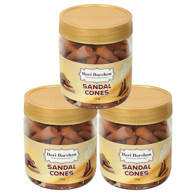 Hari Darshan Sandal Dhoop Cones - Pack of 3-125g Each | Organic Dry Dhoop, Long Lasting Fragrance for Daily Pooja, Meditation and Yoga | Non-Charcoal & Bamboo Less Dhoop Cones