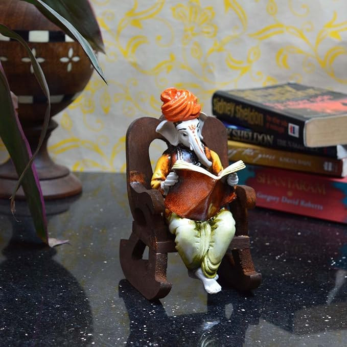 eCraftIndia Lord Ganesha Reading Book on Wooden Chair (LxWxH - 4INx5INx6.5IN)