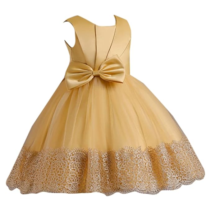 Hopscotch Girls Polyester Bow Applique Party Dress in Yellow Color