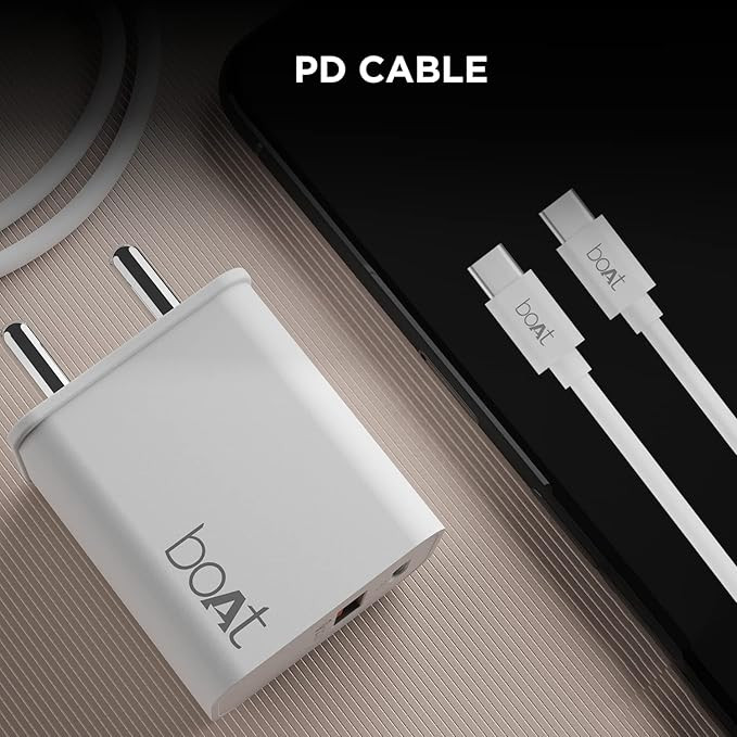 boAt WCDV 22.5W Dual Port Charger with 22.5W Power Delivery Support & 18W Quick Charge 3.0, Smart IC Protection, Auto Detection for Samsung, Xiaomi & Android Users with Type C to Type C Cable(White)