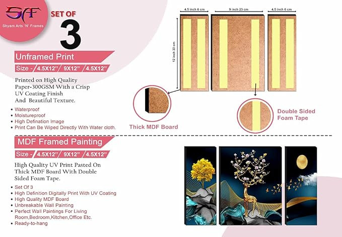 SAF paintings Unique 3D Print Deer Nature Modern Art MDF Framed Painting (SANFJM31040, Multicolour, 12 inch x 18 inch, Set of 3)