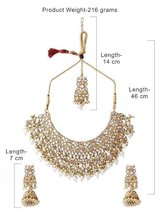 ZAVERI PEARLS Gold Tone Kundan Choker Necklace Earring Maangtikka & Ring Set For Women-ZPFK10799