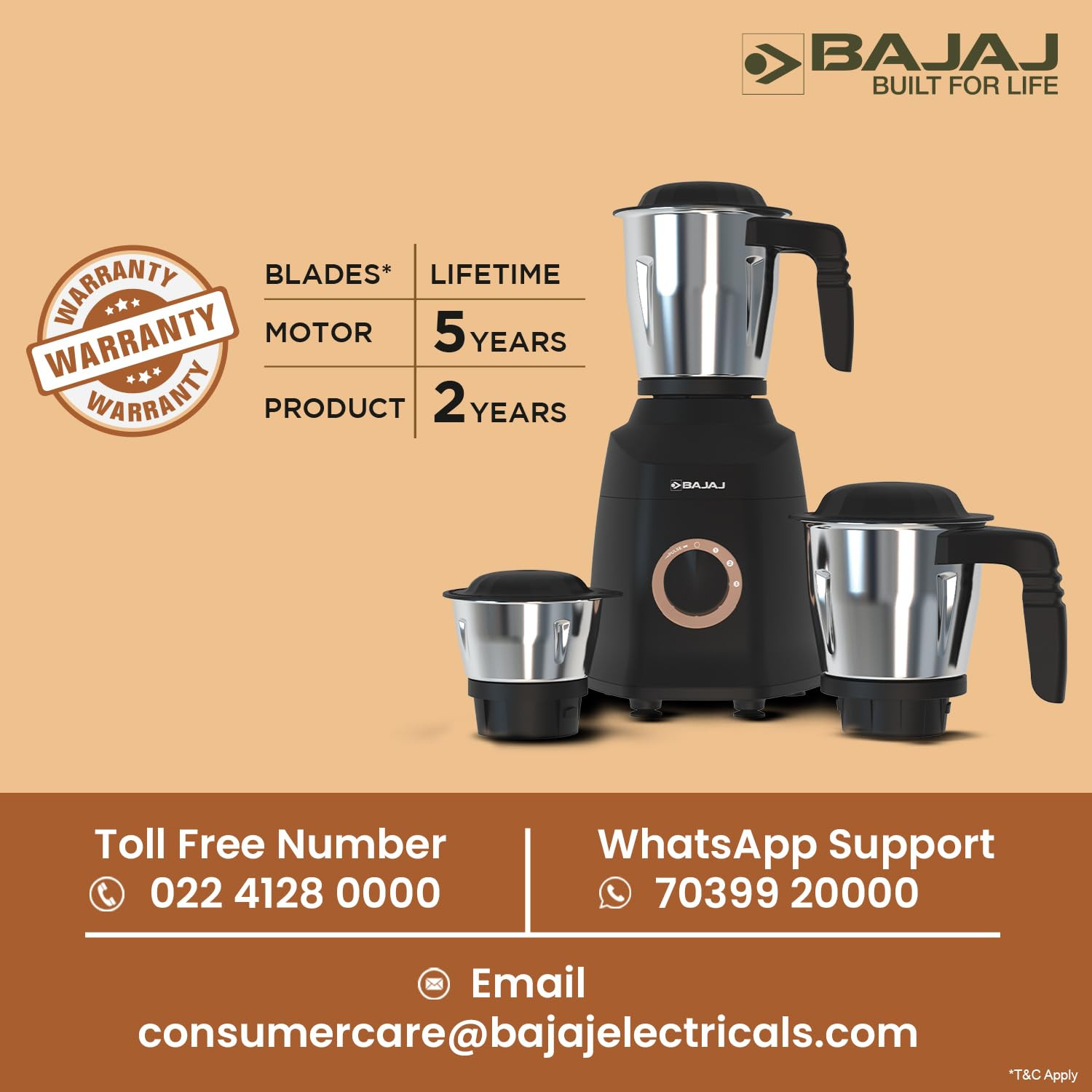 Bajaj Military Series Finesse 750W Mixer Grinder | 3 Stainless Steel Military Grade Jars* | DuraCut Blades | 750 Watts | 2 Yrs Warranty【Midnight Black】