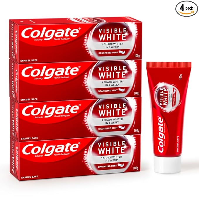 Colgate Visible White Toothpaste 400g (100g x Pack of 4) Teeth Whitening Starts in 1 week, Safe on Enamel, Stain Removal and Minty Flavour for Fresh Breath
