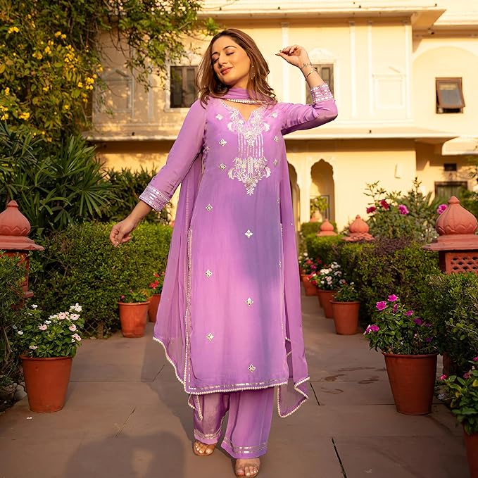 GoSriKi Women's Cotton Blend Straight Embroidered Kurta with Pant & Dupatta