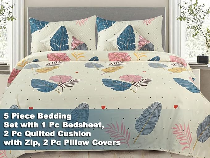 BSB HOME 220 TC 5 Piece Bedding Set with 1 Pc Bedsheet, 2 Pc Quilted Cushion with Zip, 2 Pc Pillow Covers - Heavy Glace Cotton Colour- Almonds (90X 100 Inches)