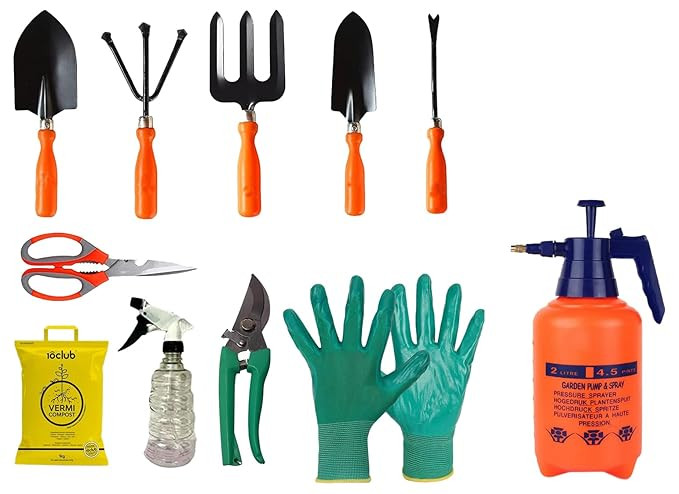 Kraft Seeds Plant Care Tool Kit - 10 Pcs & Kraft Seeds Pressure Spray Pump (2L)