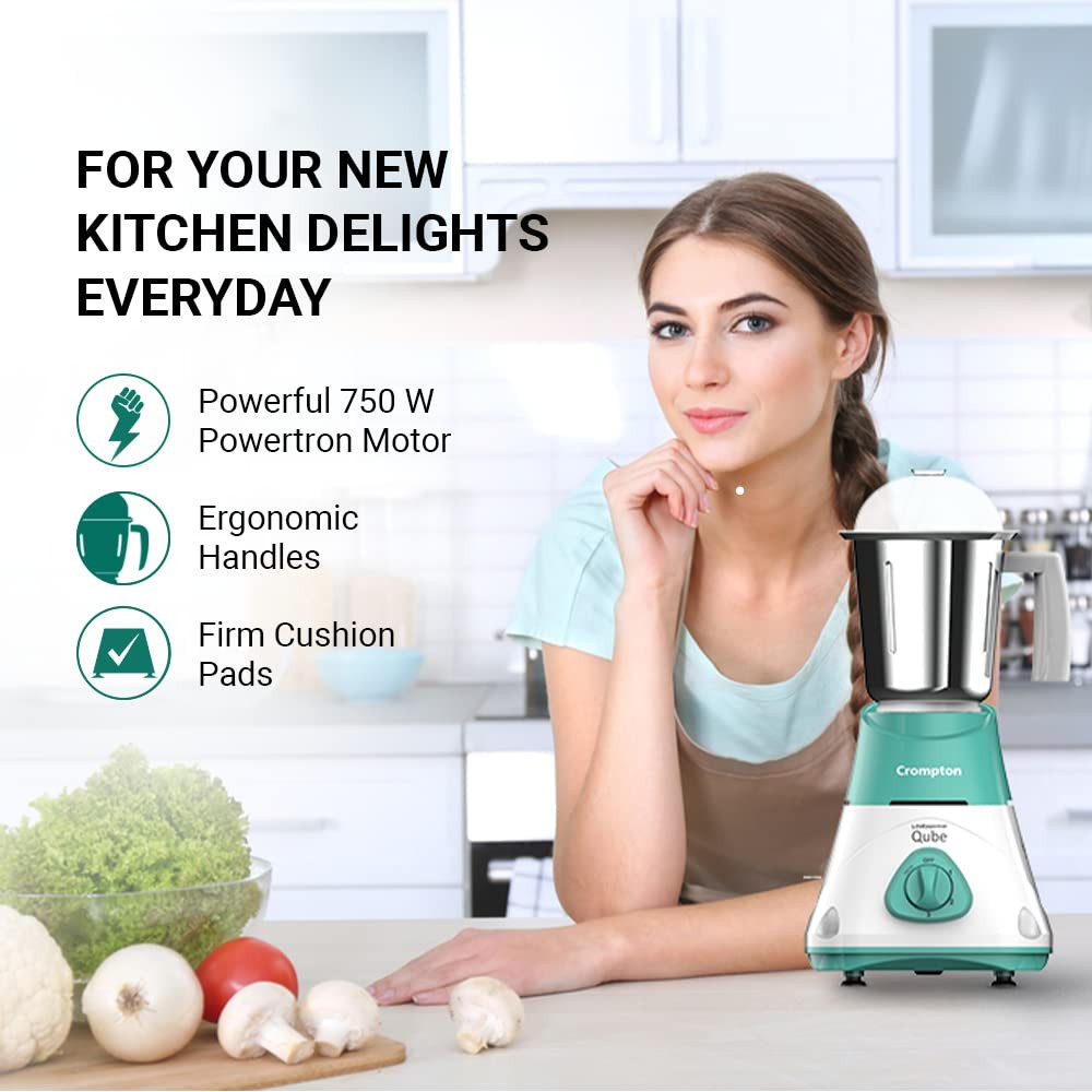 CROMPTON QUBE 3J 750W POWERTRON MOTOR MIXER GRINDER MOTOR VENT-X TECHNOLOGY (3 STAINLESS STEEL JARS, SEAGREEN & WHITE)