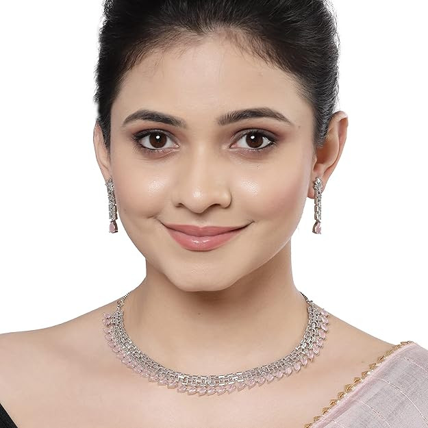 ZENEME Rhodium-Plated American Diamond Stone-Studded Necklace with Earrings Jewellery Set for Women & Girls