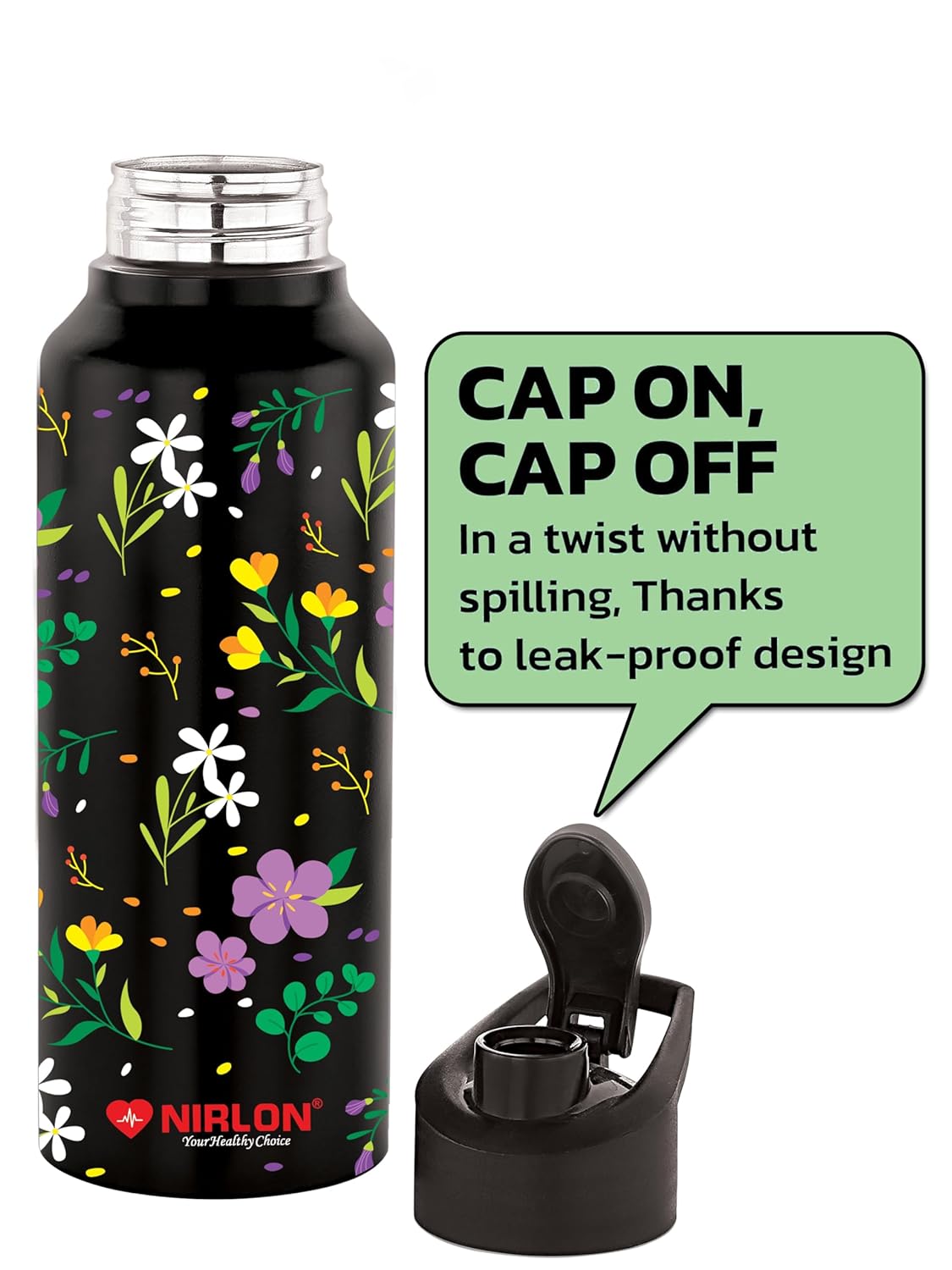 NIRLON Stainless Steel Single Walled Water Bottle 750ml, Water Bottles For Fridge, School,Gym,Home,office,Boys, Girls, Kids, Leak Proof (UV Printed Bottle, Floral, Sipper Cap)