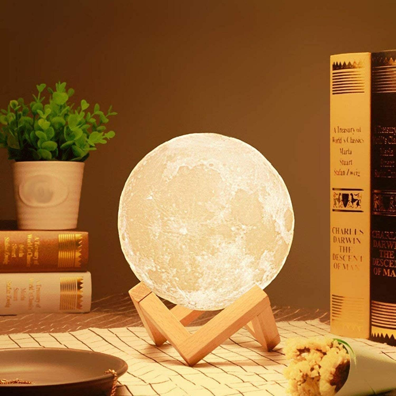 RUCON® 3D Moon lamp 7 Multi Colors Changing Touch Sensor for Adult and Kids with Wooden Stand Night Lamp for Bedroom Home Decorations Light (15cm), LED