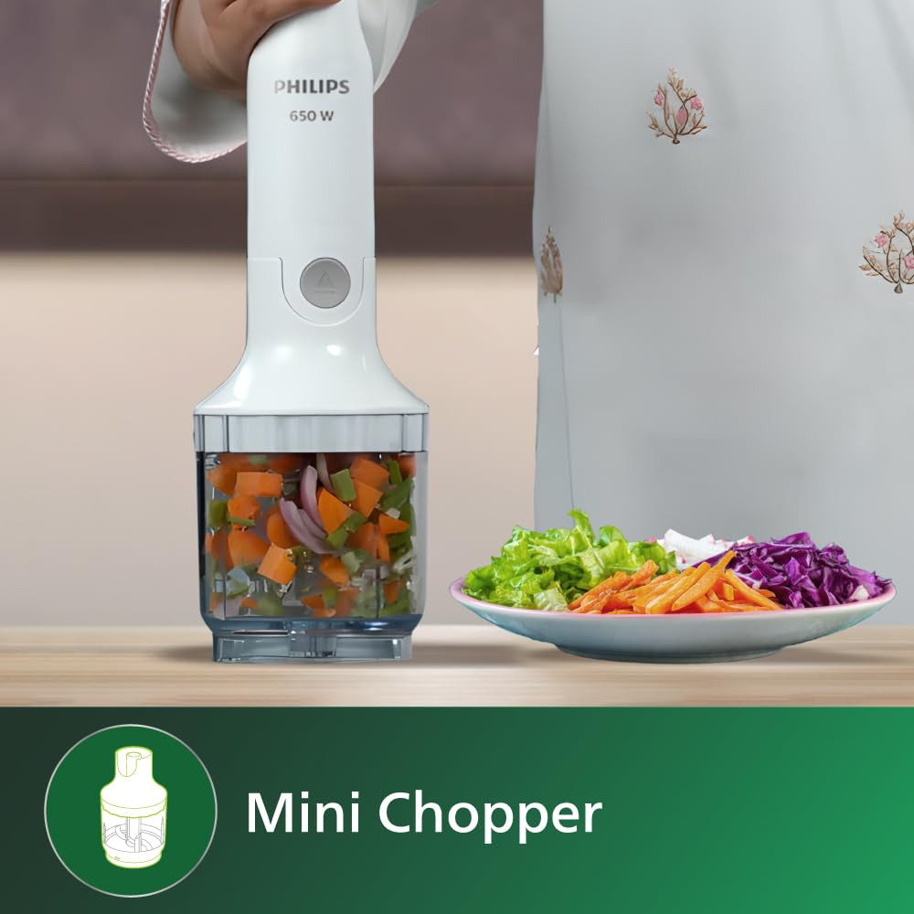 Philips Hand Blender HL1600/02-650 Watt Powerful Motor, Compact Chopper, Detachable Steel Rod, Single Button Release, 2 Year Warranty, White & Brown