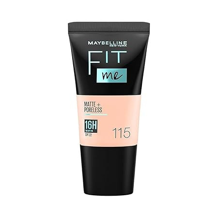 Maybelline New York Liquid Foundation, Matte & Poreless, Full Coverage Blendable Normal to Oily Skin, Fit Me, 115 Ivory, 18ml