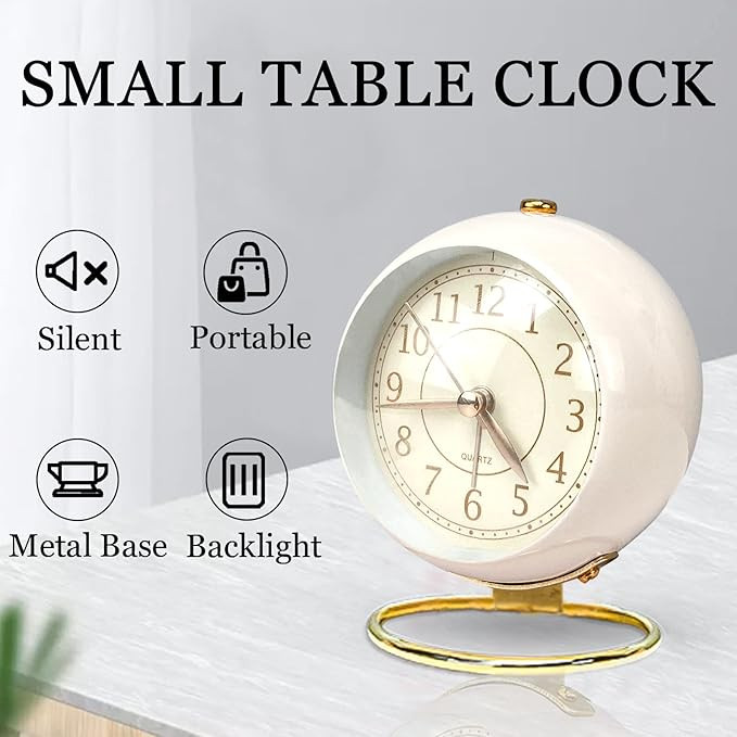 KADIO Classic Table Alarm Clock - White | Battery Operated Silent Operation Non-Ticking Alarm Clock with Backlight HD Glass | Stylish Snooze Clock for Bedroom, Home, Kitchen & Indoor Use