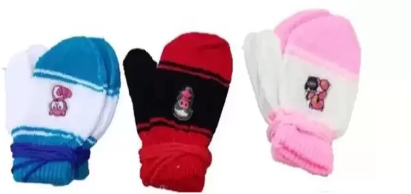 Madhavi Baby Boys & Girls Winter Woolen Multicolor Gloves Pack Of 3