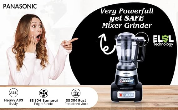 Panasonic MX-AE390 (Black) | Monster 750 Watts Super Mixer Grinder | With 3 Jar (Two 304-SS Stainless Steel & 1 Juicer Extractor Jar) |Warranty 2 Years Product & 5 Years On Motor
