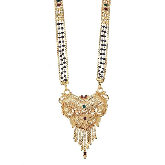 ZENEME Mangalsutra Gold Plated Traditional Tribal Style Pendant Long Golden Chain With Black Bead Tanmaniya Nallapusalu Jewellery for Women (Design-4)