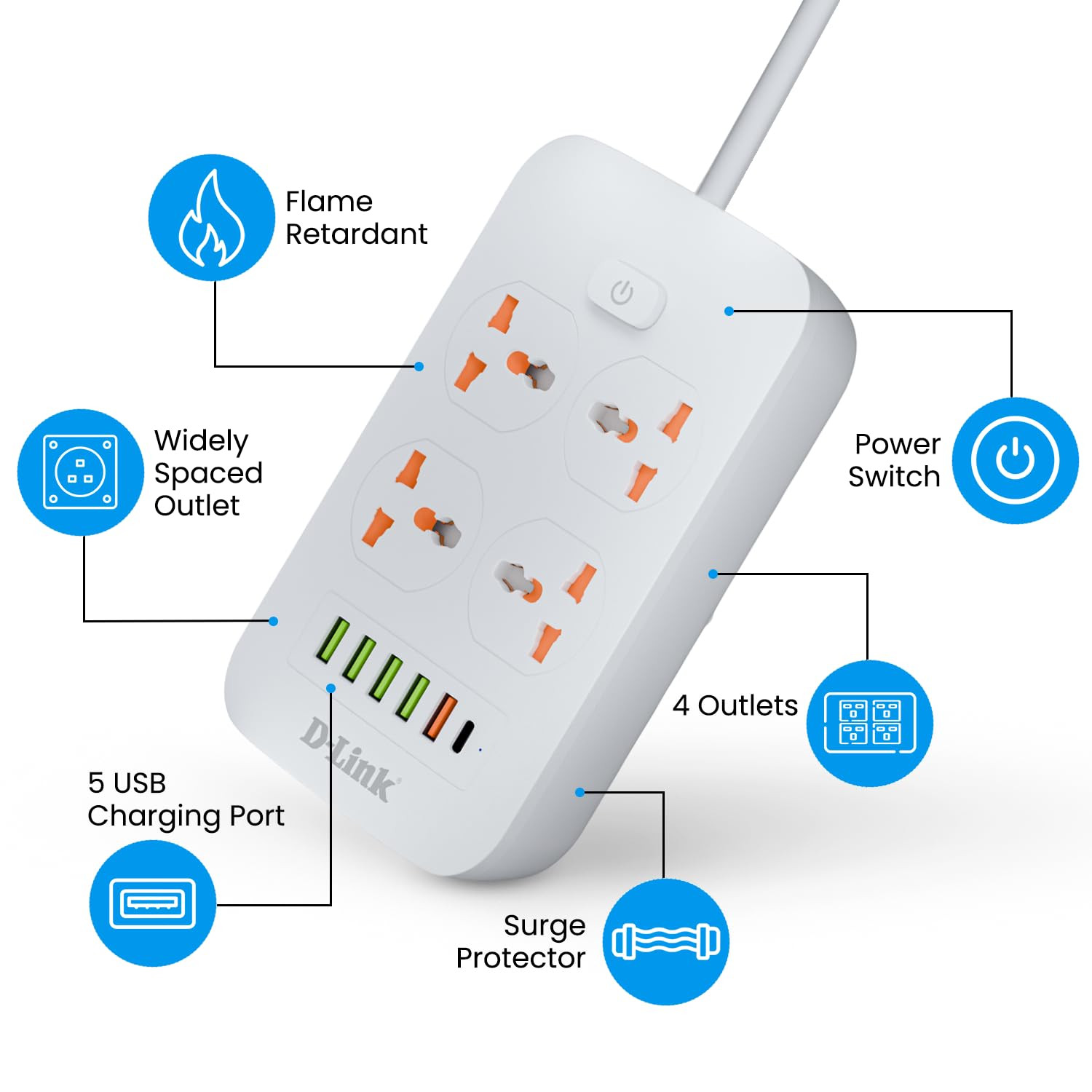 D-Link Power Strip with 4 Universal Sockets with Child Security + 5 USB Ports + 1 Type-C Port, High Temperature Fuse Protector, 1500W with 2 Meter Cable