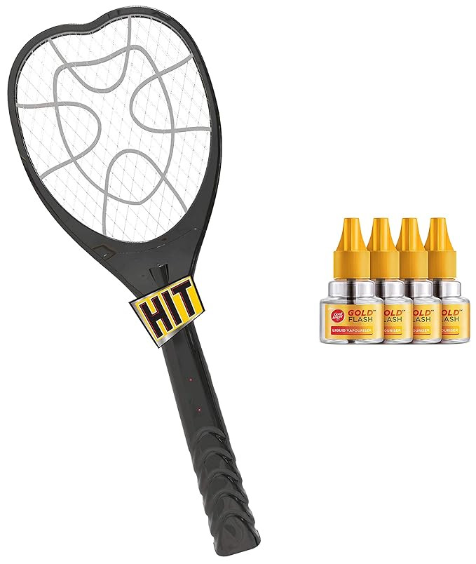 HIT Anti Mosquito Racquet - Rechargeable Insect Killer Bat with LED Light (6 Months Warranty) + Good Knight Gold Flash - Mosquito Repellent Refill, 45ml Each (Pack of 4)