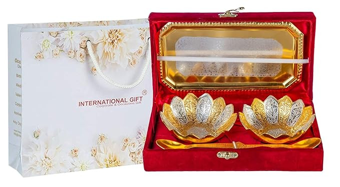INTERNATIONAL GIFT® German Silver Brass Two Bowl with Two Spoon and with Single Tray with Beautiful Velvet Box Packing with Carry Bag Uses for Dry Fruit | Chocolate | Sweet | HomeDecor