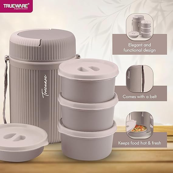 Trueware Meal 4 Insulated Hot Lunch Box with 3 PP Container 300 ML Each & 1 200ML | Microwave Safe, Food Grade, BPA Free | Office Lunch Box | Tiffin Box, Plastic, Peach