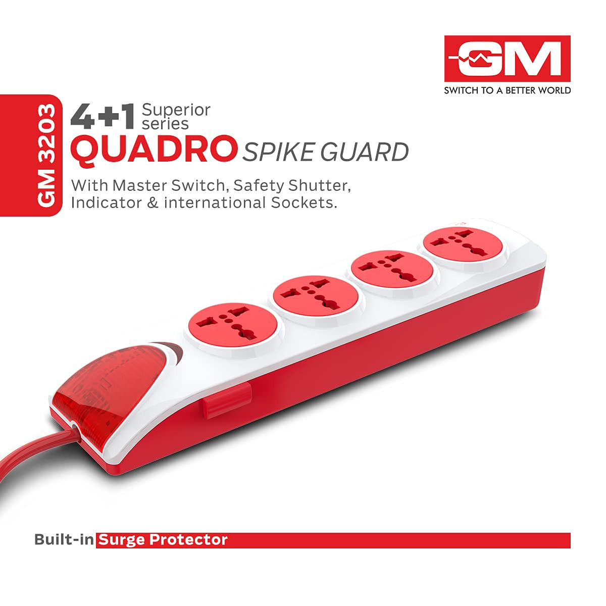 GM 3203 Quadro 4+1 Spike Guard with Master Switch, Indicator, Safety Shutter, International Sockets & Surge Protec