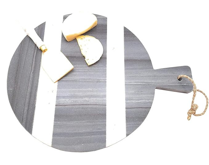 Stone Essential Round Marble Chopping Board, Cheese Platter, Cutting Board with Handle for Kitchen, Wine Serving and Gift (Grey & White)