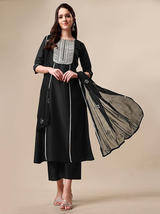 EthnicJunction Women's Silk Embroidered  Thread Work Chinon A-Line Kurta Pant With Dupatta