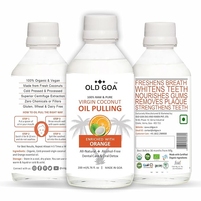 OLDGOA Oil Pulling Cold Pressed Virgin Coconut Oil | Ayurvedic Mouthwash | For Healthy Teeth & Gums, Bad Breath, Healthier Oral Hygiene, Teeth Whitening, Fresh Breath | ORANGE | 200ML