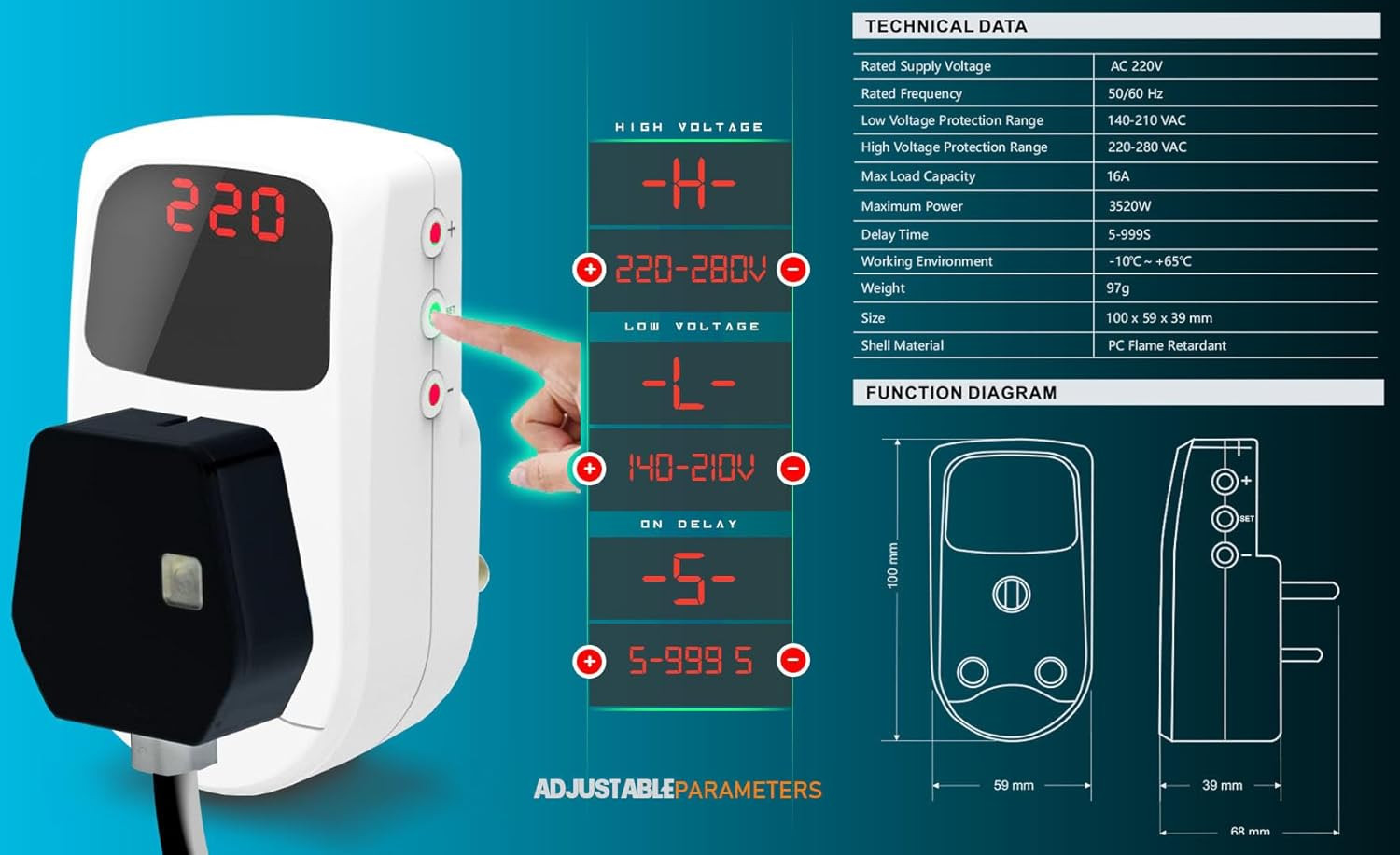EuroControls Euro SVP-16 16 Amp Digital Adjustable Under/Over Voltage Protector & Spike Protector Socket Voltage Guard with Display Time Delay & India Compatible socket & Plug with auto recovery