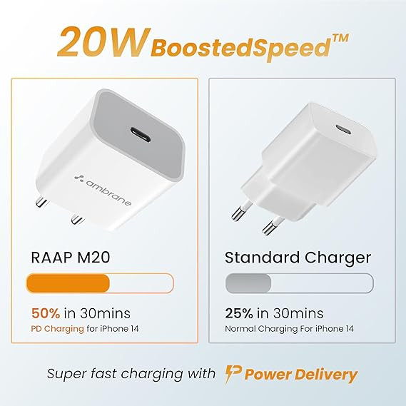 Ambrane 20W Type C Mobile Charger Adapter, Fast Charging for Android, iPhone 14/13,13/12/11/X & Pro, Max Series & Other Type C Enabled Devices, PD Technology, BIS Certified