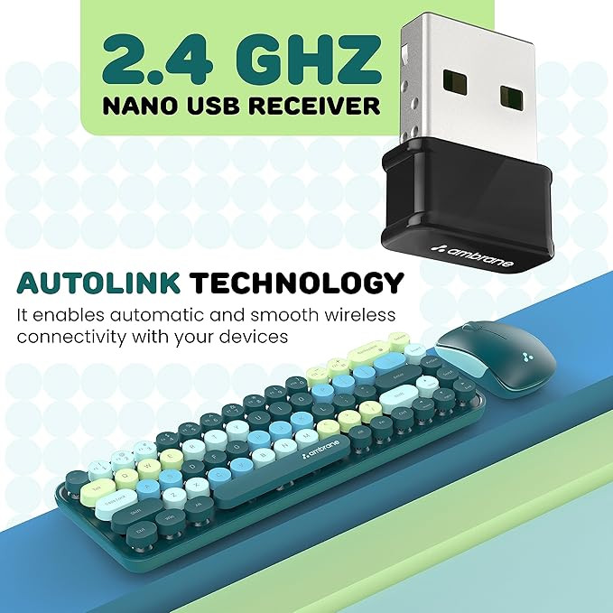 Ambrane Combo of Wireless Keyboard with Mouse Retro Typewriter Inspired, 2.4GHz for Desktop, Laptop, MacBook and Devices with USB Support, Compact Light-Weight, Single Nano Receiver (KeyPop, Green)