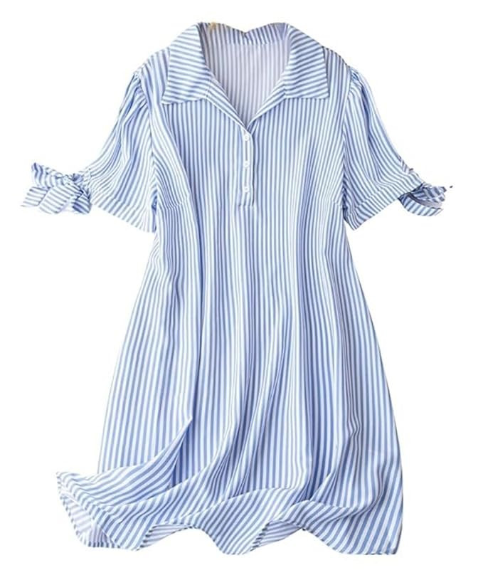 Leriya Fashion Striped Shirt Style Mini Dress for Women | Collared Casual A-Line | Tunic with Tie Sleeves & Front Buttons