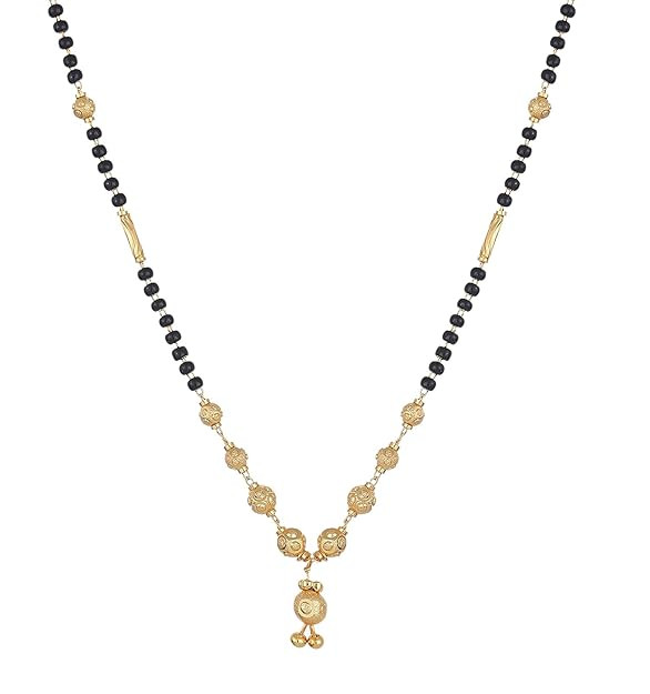 ZENEME Gold-Plated Black & White Artificial Stones Studded & Beads Beaded Locket Mangalsutra For Women