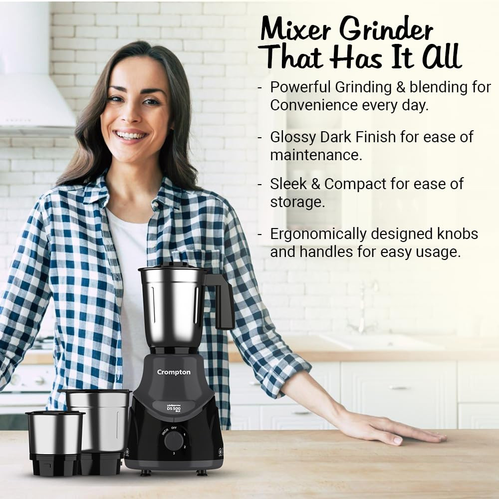 Crompton DS 500 BLK 500-Watt Mixer Grinder with Powertron Motor & Motor Vent-X Technology (3 Stainless Steel Jars, Black & Grey)