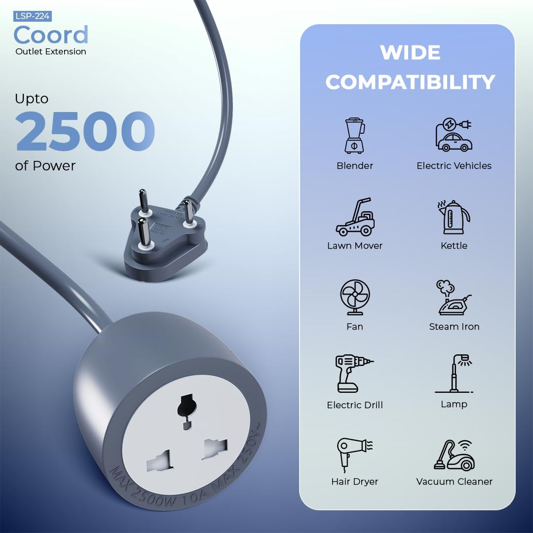 LAPCARE Coord 10-Meter Outlet Extension Cord, 2500W High Power Output, Fire-Resistant with Child Safety Shutter, Durable Build, 3-Pin Plug, Multiple Protections – Ideal for Home & Office (LSP-224)