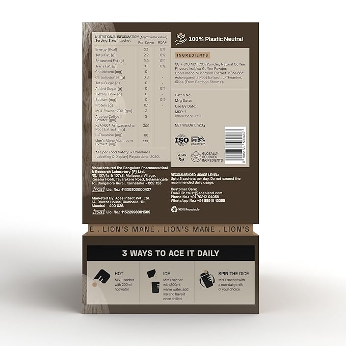 Ace Blend Lion's Mane SHROOM COFFEE™ | 15 serves | ne | MCT Powder | Brain HMushroom Coffee | KSM 66 Ashwagandha | L-Theaniealth | Focus | 100% Arabica | Instant Black Coffee | Keto | Cold & Hot Brew