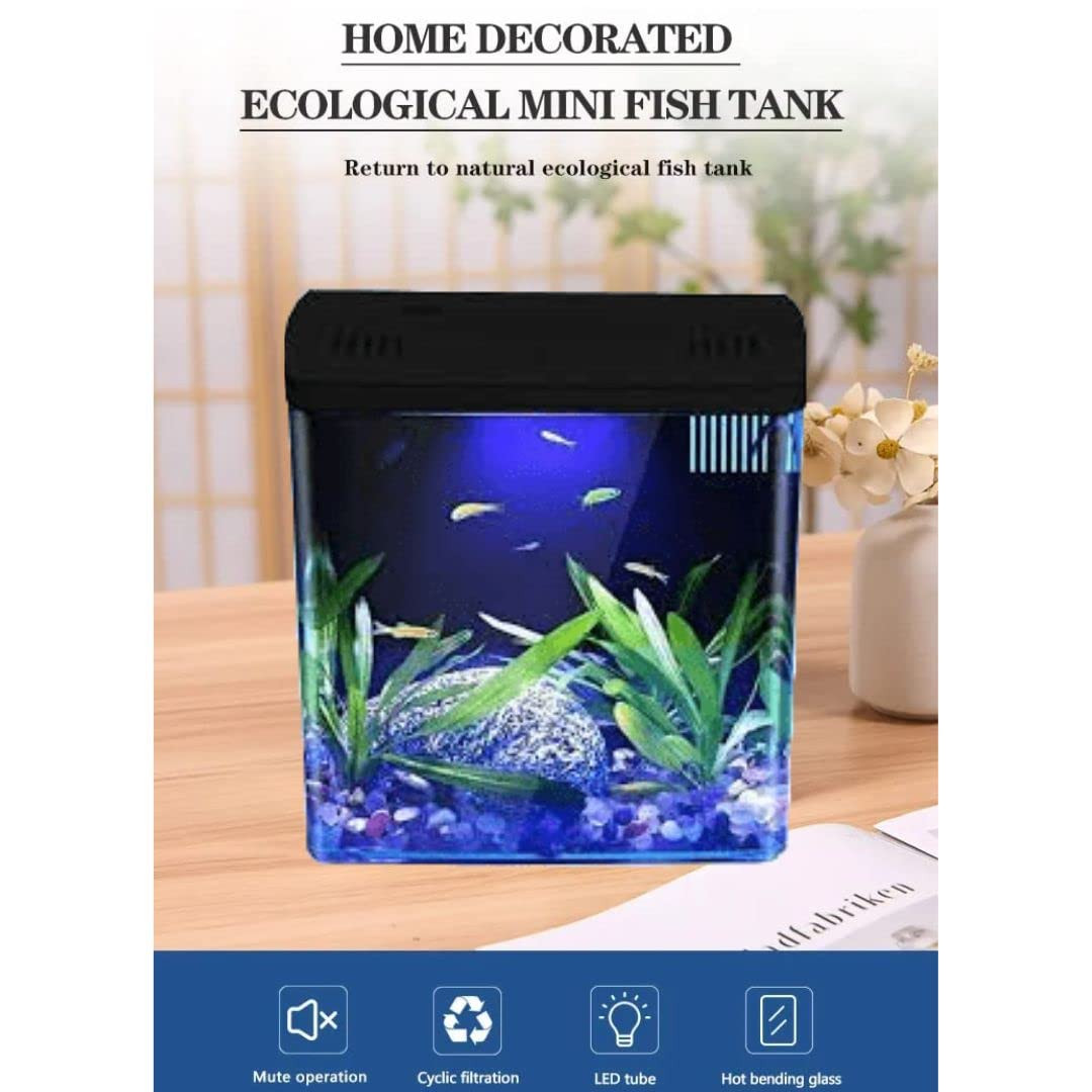 VAYINATO Petzlifeworld Mini Square Shape Aquarium Small Desktop Home Decortive Fish Tank with USB Connector, Multi Mode LED Light, Ultra Silent Pump for Small Fishes (Black, Size : 20x14x20CM)